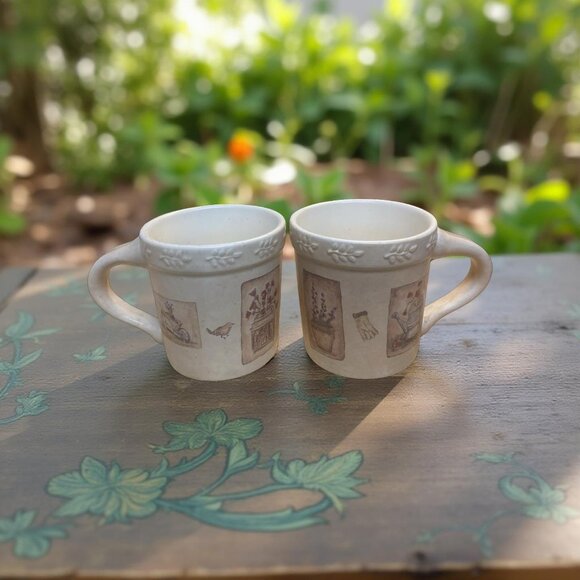 2 Summer Fields Sonoma Ceramic Mugs Rustic Botanical & Bird Motif Design - Picture 6 of 8